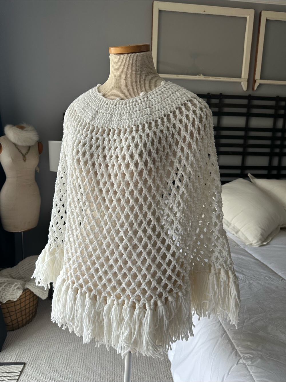 Vintage Hand-Knit Crochet Fringe Open Weave Poncho Sweater White OSFA